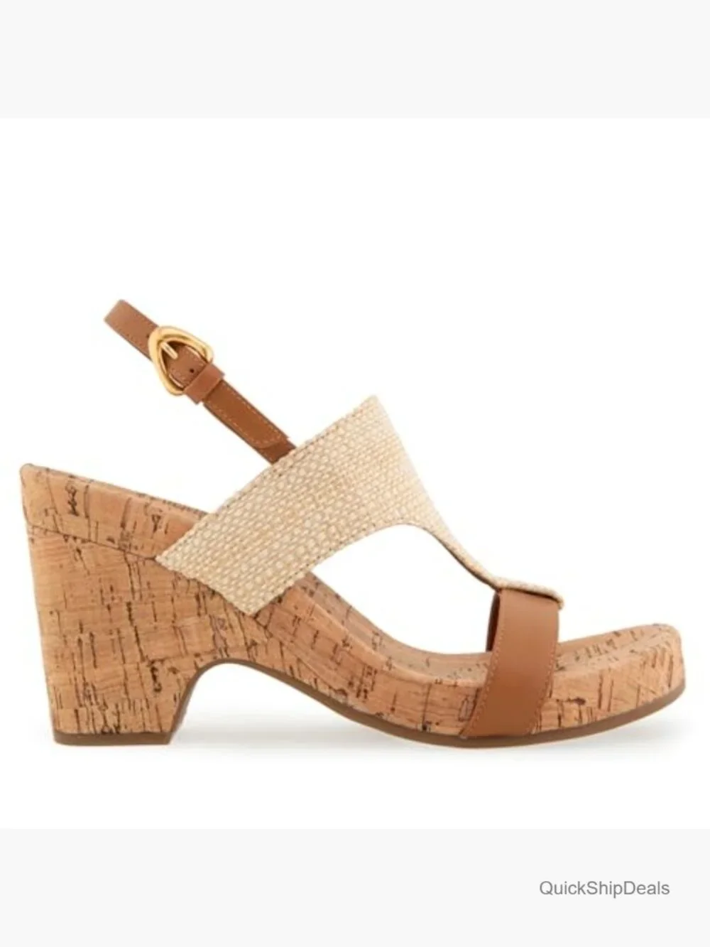 Wedge Sandals with Raffia Fabric, Cushioned Insole, Adjustable Buckle